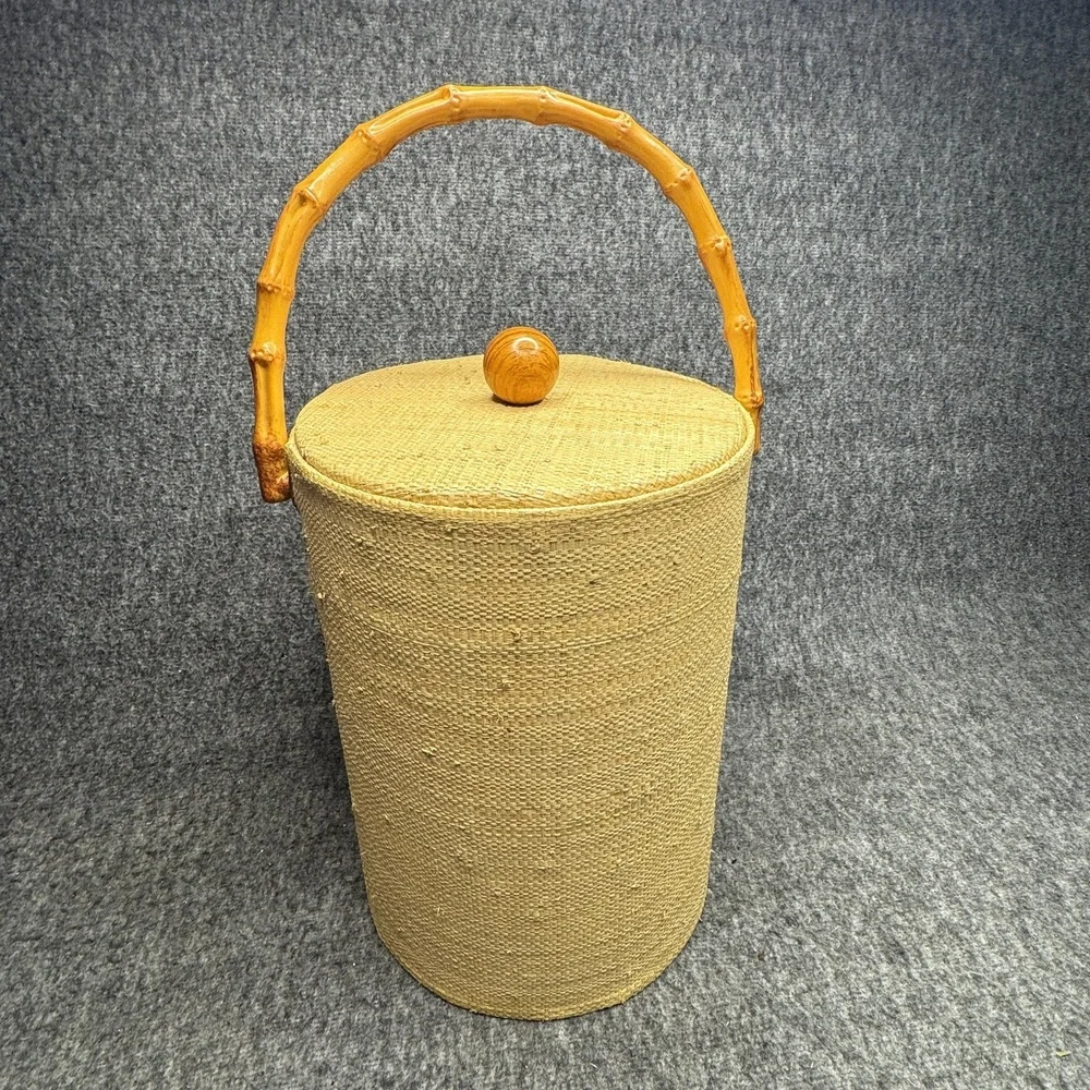 Vintage‎ Wicker Ice Bucket Faux Bamboo Handle Mid Century Barware 15